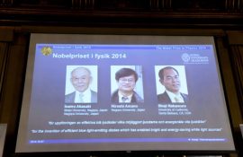Japanese scientists Isamu Akasaki and Hiroshi Amano, and U.S. scientist Shuji Nakamura (L-R) are seen on a screen after being announced as the 2014 Nobel Physics Laureates at the Royal Swedish Academy of Science in Stockholm, October 7, 2014. Japan's Akasaki and Amano, and Nakamura of the U.S. won the 2014 Nobel Prize for Physics for inventing a new energy efficient and environmentally friendly light source, the LED, the award-giving body said on Tuesday.   REUTERS/Bertil Ericson/TT News Agency    (SWEDEN - Tags: POLITICS SCIENCE TECHNOLOGY TPX IMAGES OF THE DAY) ATTENTION EDITORS - THIS IMAGE HAS BEEN SUPPLIED BY A THIRD PARTY. FOR EDITORIAL USE ONLY. NOT FOR SALE FOR MARKETING OR ADVERTISING CAMPAIGNS. SWEDEN OUT. NO COMMERCIAL OR EDITORIAL SALES IN SWEDEN. THIS PICTURE IS DISTRIBUTED EXACTLY AS RECEIVED BY REUTERS, AS A SERVICE TO CLIENTS